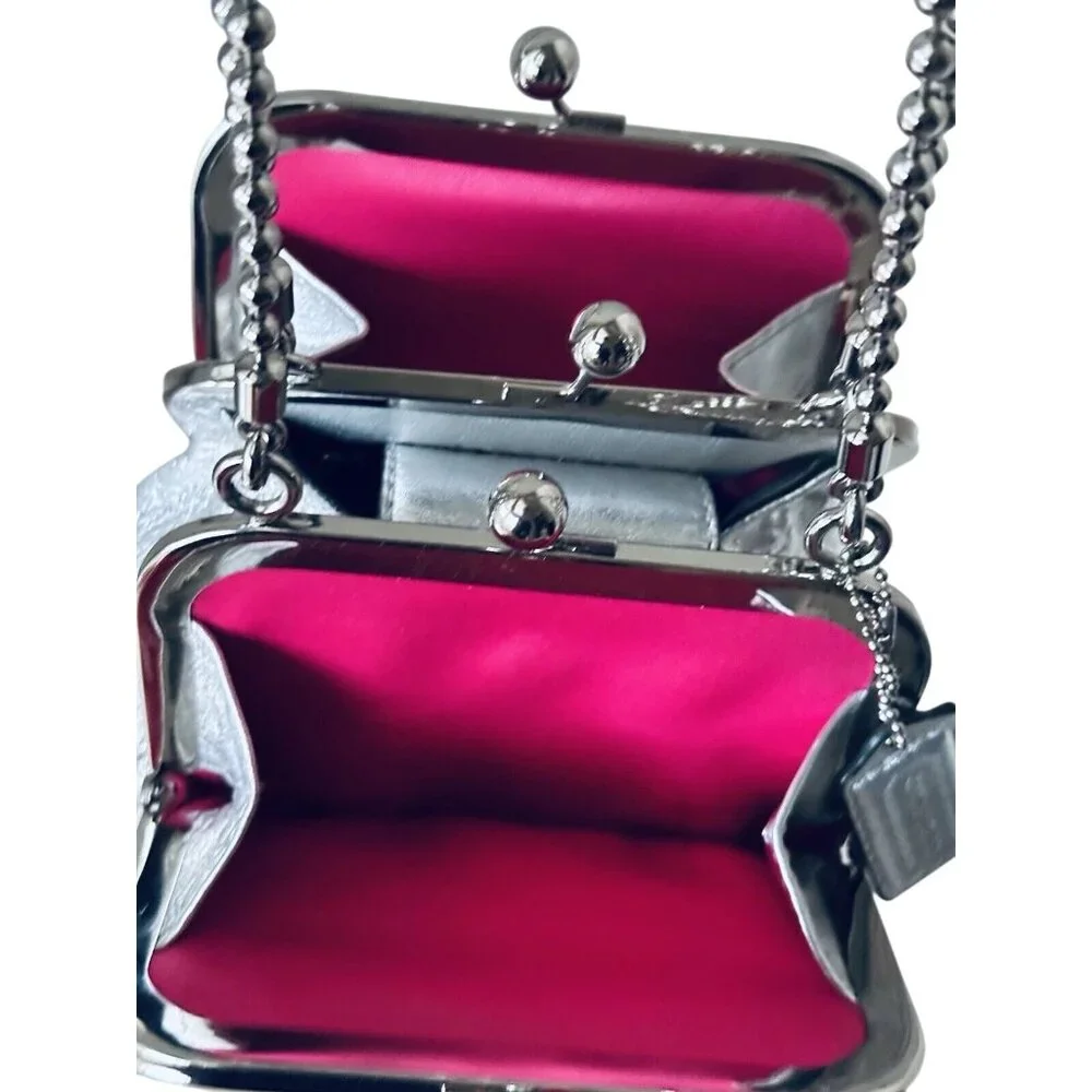 SOLD COACH 2008 Metallic Silver Leather Double Frame Kisslock Ball Chain - Picture 10 of 16